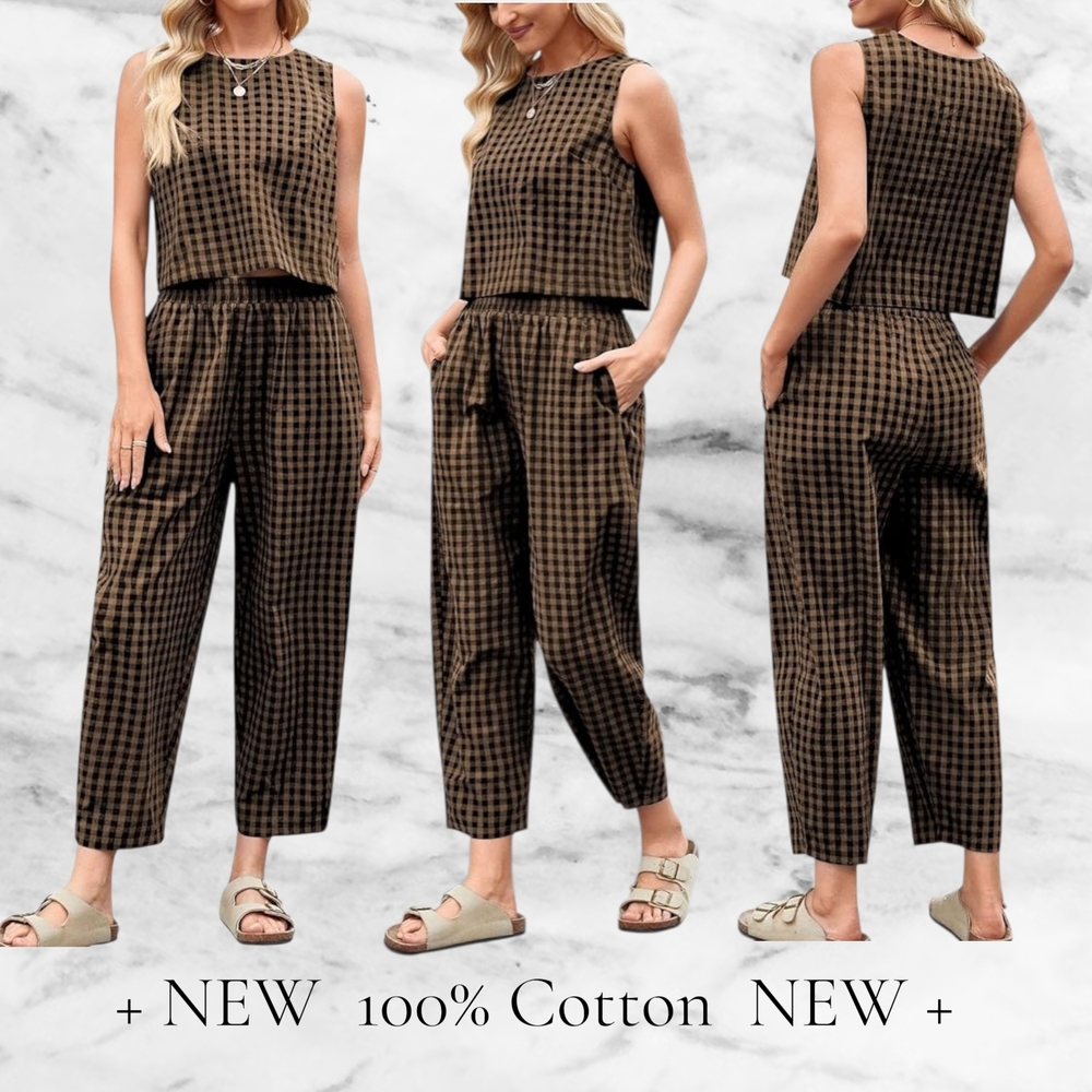 100% Cotton Gingham Loungeset | XL Khaki